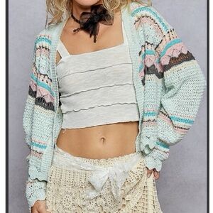POL Arctic Blue Abstract Print Cropped Crochet Cardigan Sweater Size L